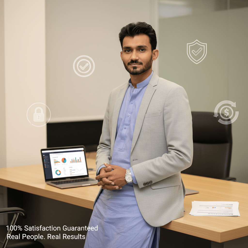 Use the uploaded reference image to create a high-trust, professional brand assurance photograph.
The person in the reference image must remain clearly recognizable and authentic, with natural facial features, skin tone, and identity preserved. No artistic changes, no stylization.
Role & positioning:
Present the person as a business owner and service provider who stands behind their work — trustworthy, transparent, and approachable, yet professional.
Scene setup:
– Modern professional office or agency workspace
– Person positioned confidently near a desk or seated comfortably
– Laptop on desk with neutral dashboard, proposal, or project overview (not brand-specific)
– Clean environment that signals structure, process, and reliability
Supporting trust elements (subtle & non-branded):
– Floating or background icons representing:
✔ satisfaction guarantee
✔ secure payment
✔ verified service
✔ refund assurance
– Soft abstract shields or checkmark symbols (generic, not logos)
Expression & posture:
– Calm, confident expression
– Slight reassuring smile or neutral professional look
– Open body language that conveys honesty and accountability
Lighting & mood:
– Bright but soft professional lighting
– Natural tones with a reassuring, welcoming feel
– High-resolution commercial photography quality
Optional subtle text overlay:
100% Satisfaction Guaranteed
Real People. Real Results.
Overall tone:
Trust-building
Human-first service
Transparency and accountability
STRICTLY AVOID:
– Face alteration or identity distortion
– Aggressive sales visuals
– Stock-photo look
– Logos of Fiverr, Upwork, or any platform
Ultra-realistic, brand-safe image suitable for a service guarantee section on a professional agency website.